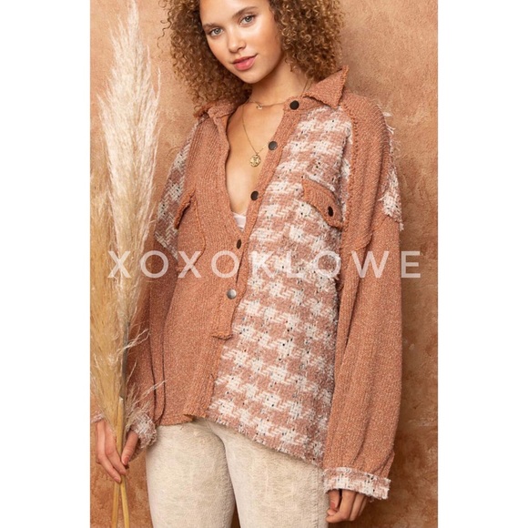 POL Half Button Houndstooth Patchwork Pullover Top Oversized - Picture 5 of 12